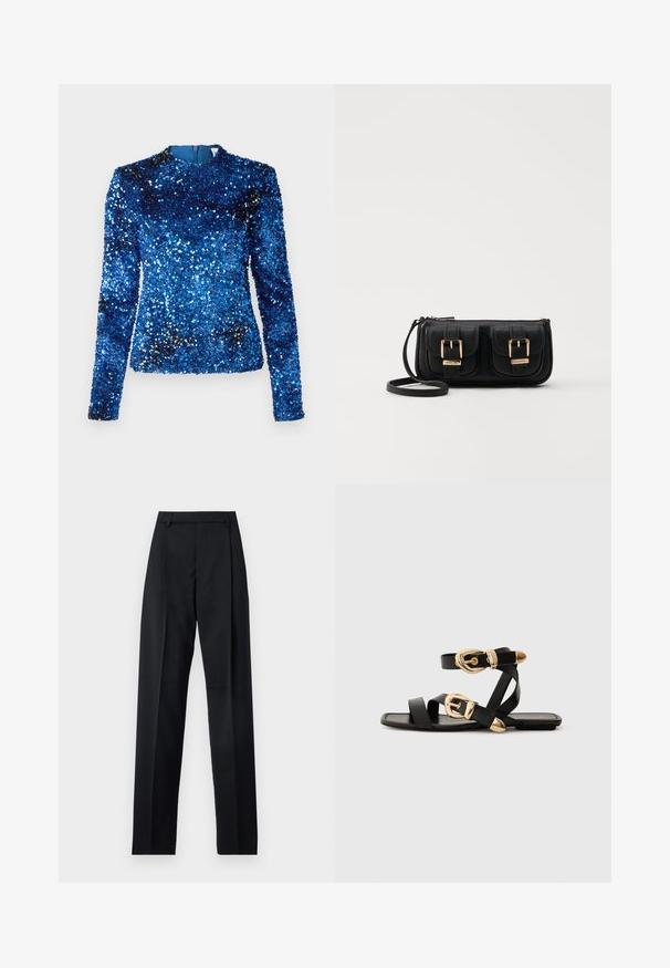 Mėlyna blizgi palaidinė su ilgomis rankovėmis, aukštu apykakle ir lygiu vidaus pamušalu, turinti tekstūruotą paviršių su atspindinčiais blizgučiais visame paviršiuje.; Juodos kelnės iš lygaus audinio, pasižyminčios aukštu liemeniu, plačiomis kojomis, priekinėmis klostėmis ir klasikiais diržo kilpomis. Šoninių kišenių nematyti.; Juodos odinės šlepetės su auksiniais sagtelėmis, turinčios daugybę dirželių ir plokščią padą, skirtos atviriems pirštams.; Juodas odinis per petį nešiojamas krepšys su dviem priekiniais kišenėmis, auksiniais sagtimis, užtrauktuko uždarymu ir siauromis petnešomis. Textūruota paviršius ir kompaktiškas stačiakampis formatas.