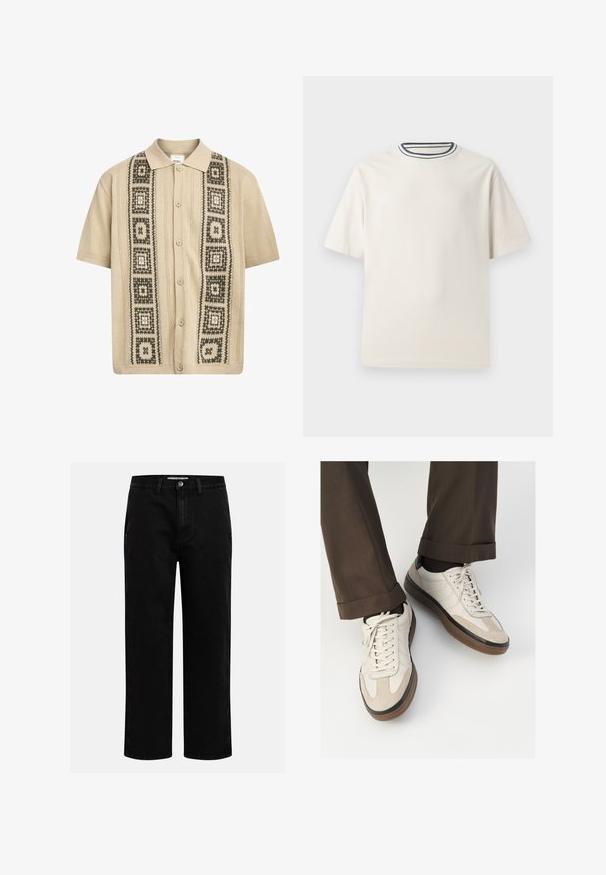 Kurzärmliges beiges Hemd mit Knopfverschluss, das vorn dekorative grüne und schwarze geometrische Muster sowie strukturierte Strickdetails aufweist.; Cremefarbendes Baumwoll-T-Shirt mit kurzen Ärmeln, das über einen runden Halsauschnitt mit navy- und weißen Streifen verfügt. Glatte Textur, lässige Passform.; Schwarze Jeanshose mit geradem Schnitt, klassischem Fünf-Taschen-Design und einem Knopfverschluss an der Taille. Glatte Textur und strapazierfähiger Stoff.; Beige Sneakers mit einer strukturierten Wildlederfront, glatten Lederseiten und einer braunen Gummisohle. Bändel und helle Nähdetails sind enthalten.