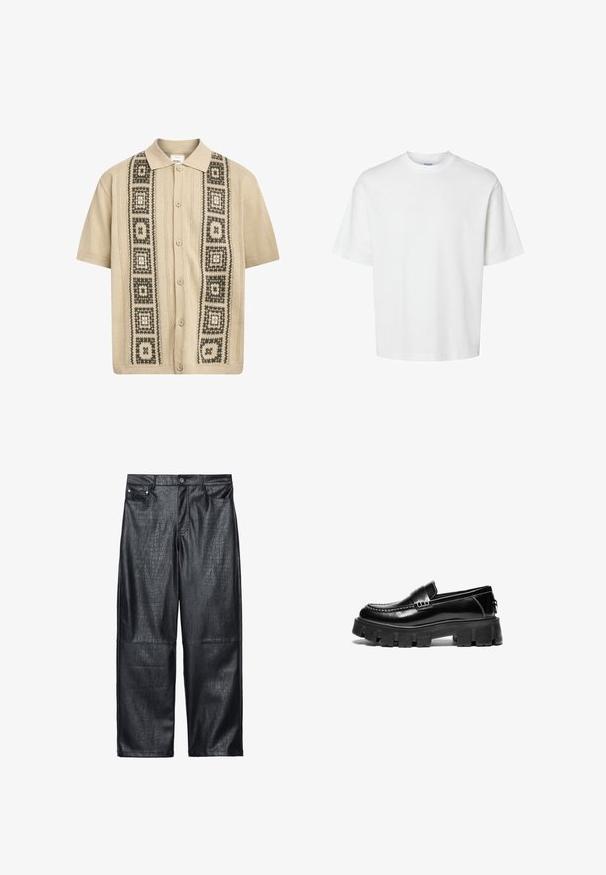 Camisa bege de manga curta com fecho de botão, apresentando padrões geométricos decorativos em verde e preto na parte da frente e detalhes em malha texturada.; T-shirt branca de algodão com mangas curtas, decote redondo e um corte solto. Textura suave sem padrões ou detalhes visíveis.; Calças largas de imitação de pele de crocodilo pretas, apresentando uma textura de croco, design tradicional de cinco bolsos e detalhes em botão e rebites prateados.; Mocassins de couro preto com sola de borracha grossa, faixa decorativa a atravessar a parte superior e costura branca em contraste. Textura suave com biqueira arredondada.