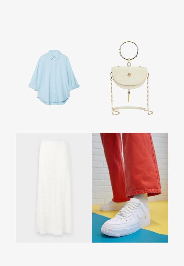Light blue shirt made from a soft fabric, featuring a classic collar, button-down front, and rolled sleeves for a relaxed fit.; White lace maxi skirt with a textured pattern, elastic waistband, and a flowy shape. The fabric appears lightweight and airy.; White leather sneaker with perforated toe box, textured sole, and white laces, paired with wide red pants and a blue and yellow background.; Victoria Hyde VINTAGE HALF-MOON - Handbag - beige; Blue acrylic ring featuring an octagonal cut stone, with a smooth band and a glossy finish, showcasing varying shades of blue and clear facets.