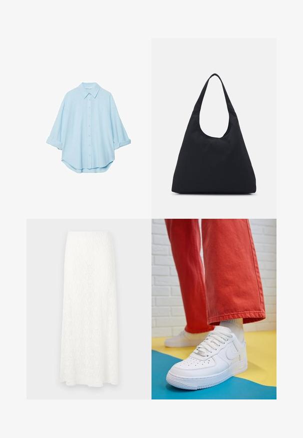 Vaaleansininen paita pehmeästä kankaasta, jossa on klassinen kaulus, napitettava etuosa ja käärityt hihat rentoa sovitusta varten.; Valkoinen pitsinen maksihame, jossa on teksturoitu kuvio, joustava vyötärö ja enkeliomainen muoto. Kangas näyttää kevyeltä ja ilmavalta.; Valkoinen nahkakengät, joissa on rei'itetty varvasosa, teksturoitu pohja ja valkoiset nauhat, yhdistettynä leveisiin punaisiin housuihin ja sinikeltaiseen taustaan.; Musta kangaskassi, jossa on yksi leveä olkahihna. Pehmeä, puolirakenteellinen muoto ja sileä pinta; minimalistinen muotoilu ilman näkyviä metalliosia.