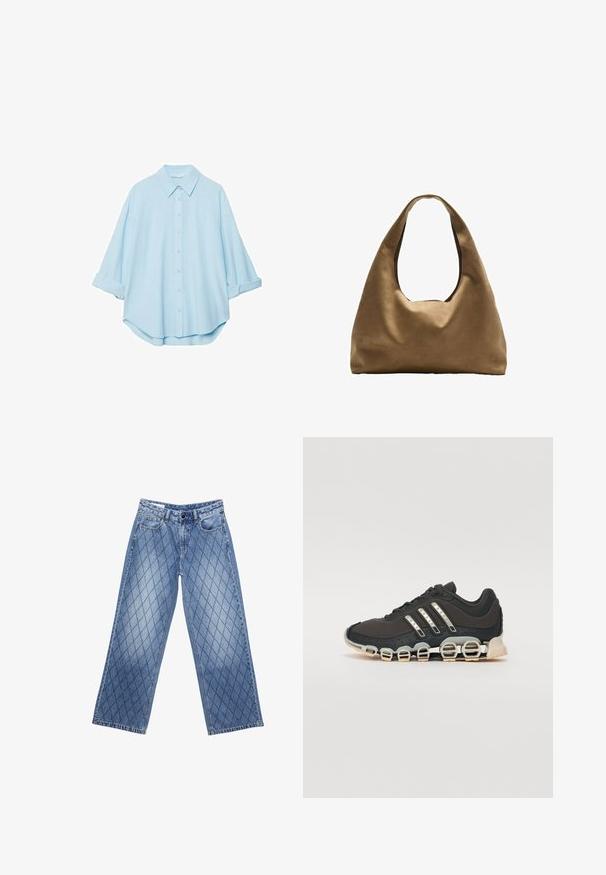 Light blue shirt made from a soft fabric, featuring a classic collar, button-down front, and rolled sleeves for a relaxed fit.; Wide-leg denim jeans in light blue with a quilted diamond pattern, featuring five pockets and a button closure at the waist.; Black athletic shoe with a textured upper, three silver stripes, and a distinctive cushioning sole featuring multiple integrated sections.; Brown fabric shoulder bag with a wide, rounded body and a large cutout handle. Soft texture, minimalistic design, and no visible hardware.