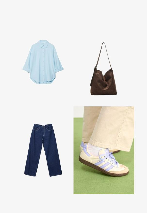 Svetlomodrá košeľa z jemnej látky, s klasickým golierom, zapínaním na gombíky v prednej časti a vyhrnutými rukávmi pre uvoľnený strih.; Široké tmavomodré džínsy s gombíkovým zapínaním, piatimi vreckami a kontrastným bielym šitím. Tkanina má hladký, mierne textúrovaný povrch.; Krémovo-fialové tenisky so tromi pruhmi a štruktúrovanou hnedou podrážkou, s šnúrkami a polstrovaným opätkom. Mäkký textilný zvršok.; Hnedá semišová kabelka hobo s zakriveným vrchom, dlhým popruhom s bodkovanými akcentmi a jemnou textúrou. Má uvoľnený dizajn pre každodenné nosenie.