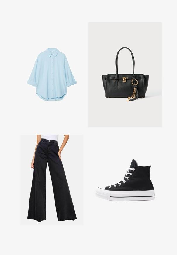 Svetlomodrá košeľa z jemnej látky, s klasickým golierom, zapínaním na gombíky v prednej časti a vyhrnutými rukávmi pre uvoľnený strih.; Čierne široké džíny z denimu. Vysoký pás s gombíkovým zapínaním, s čistým dizajnom a bez výrazných vzorov alebo akcentov.; Čierne plátkové tenisky v štýle high-top s bielymi očkami, šnúrkami a gumovou podrážkou. Obsahujú textúrovanú špičku a čierno-biele pruhy.; Čierna kožená kabelka s dvojitými uchami, zlatým zámkom a reťazovým detailom, a čierno-bielym strapcom na bielom pozadí.
