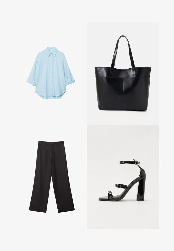 Light blue shirt made from a soft fabric, featuring a classic collar, button-down front, and rolled sleeves for a relaxed fit.; Black wide-leg trousers made of smooth fabric, featuring a front zipper and two side pockets, with a tailored fit and minimalistic design.; Black patent heeled sandals with a square toe, ankle straps, and silver buckles. Features a chunky block heel for stability.; Black leather tote bag with two long handles, a smooth texture, and a structured shape. Features a front pocket for additional storage.