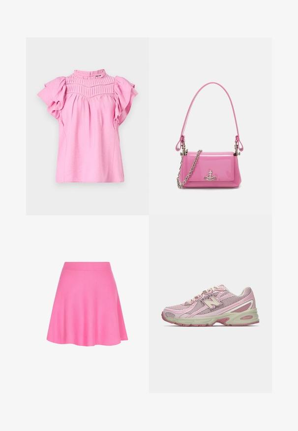 Ružová blúzka s krátkymi volánovými rukávmi, so zberanými detailami na tielku a vysokým golierom. Ľahká, textúrovaná tkanina s jemným povrchom.; Ružová pletená sukňa s priliehavým pásom a rozšíreným strihom, vyrobená z jemnej látky, ktorá pridáva hladkú textúru.; Ružová a béžová teniska New Balance 740 so sieťovinovým a syntetickým zvrškom, šnurovaním a polstrovanou podrážkou, zobrazená z bočného profilu.; Ružový lesklý kožený kabelka s obdĺžnikovým tvarom, odnímateľným reťazovým popruhom a striebornými kovovými detailmi na prednej strane.