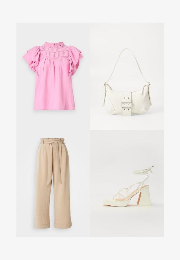 Rožinė bluzė su trumpomis volanėlėmis, susiraukšlėjusių detalių prie krūtinės ir aukštu kaklu. Lengvas, tekstūruotas audinys su švelniu finišu.; Smėliniai plačiakojai kelnių su diržu, pagaminti iš tekstūruoto audinio. Yra priekinė klostė ir lygi apdaila palei apačią.; Balti aukštakulniai sandalai su masyviu kulnu, su dirželių dizainu ir kulkšnies raiščiu. Lygi tekstūra su platforma priekyje, suteikianti papildomą aukštį.; Balta peties rankinė su tekstūruotu paviršiumi, centrinė apykaklė ir išlinkusi forma. Užtrauktukų uždarymai abiejose pusėse.