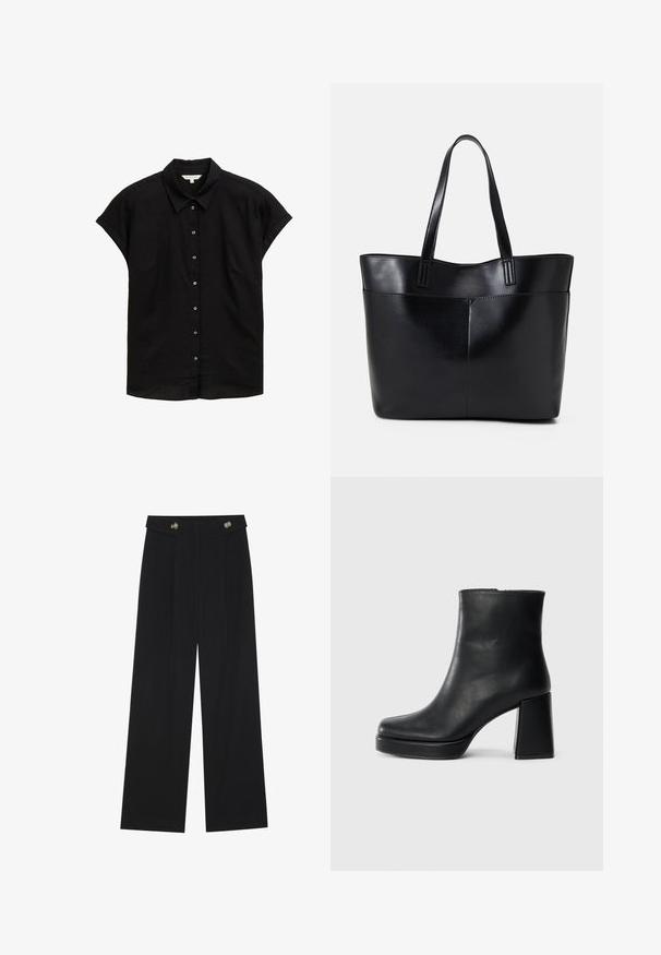 Chemise noire à manches courtes avec un col, devant boutonné et tissu doux et texturé. Présente une coupe décontractée et des coutures discrètes.; Pantalons larges noirs à taille haute, avec des détails de boutons à la taille et des plis sur le devant.; Bottine en cuir noir avec un talon bloc et une semelle plateforme, vue de côté sur un fond blanc uni.; Sac fourre-tout en cuir noir avec deux longues poignées, une texture lisse et une forme structurée. Dispose d'une poche avant pour un rangement supplémentaire.