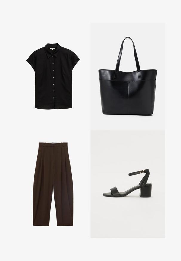 Black short-sleeve shirt with a collared neckline, button front, and a soft, textured fabric. Features a relaxed fit and subtle stitching.; Brown high-waisted trousers with pleats, made of smooth fabric. Loose fit, straight leg design, featuring belt loops and a zip fly.; Black heeled sandal featuring a smooth leather upper, an open toe, wide front straps, and adjustable ankle strap with a gold buckle detail.; Black leather tote bag with two long handles, a smooth texture, and a structured shape. Features a front pocket for additional storage.