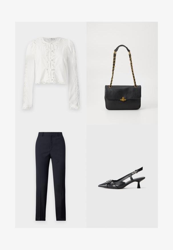 Blusa bianca corta con maniche lunghe, dettagli in pizzo e chiusura a bottoni sul davanti. Tessuto testurizzato con orlo a scallope e accenti ricamati.; Pantaloni tailored blu navy a gamba dritta, caratterizzati da una texture liscia, due tasche frontali e una vita pulita.; Scarpa slingback nera in pelle con punta affusolata, cinturini decorativi con occhielli metallici e tacco basso a blocco. Superficie testurizzata.; Borsa a tracolla nera in pelle con pattina pieghevole, tracolla in catena dorata e dettaglio con logo sul davanti. Texture liscia.