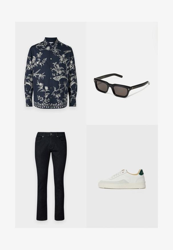 Navy button-up shirt featuring intricate white floral and bird embroidery, long sleeves, and a classic collar; fabric is smooth and lightweight.; Dark denim jeans with a straight leg design, featuring front pockets, a button closure, and contrasting stitching. No visible patterns or wear.; White sneaker with suede accents, rounded toe, flat laces, and a cream rubber sole. Features green branding on the heel.; Black rectangular sunglasses with dark lenses, thick plastic frame, gold accents on temples, and brand logo engraved on the arm.