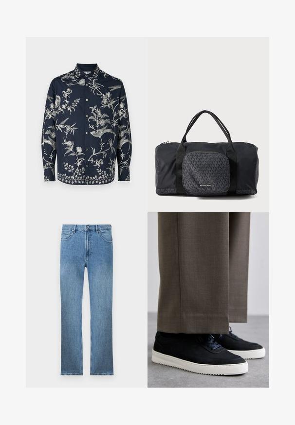 Mornarski srajček z gumbki, ki se ponaša z zapletenim belim vezenjem cvetlic in ptic, dolgimi rokavi ter klasičnim ovratnikom; tkanina je gladka in lahka.; Svjetloplave traperice s ravnim krojem, pet džepova, patentnim zatvaračem i kontrastnim šavovima. Tkanina ima glatku, teksturiranu površinu.; Črne nubuk teniske z belimi gumijastimi podplati, ki imajo zaobljen nos in vezalke, oblečene z sivimi krojenimi hlačami.; Črna torba za šport Michael Kors z dvema ročajema, sprednji žep na zadrgo z ponovljenim vzorcem MK logotipa in blagovno znamko Michael Kors.