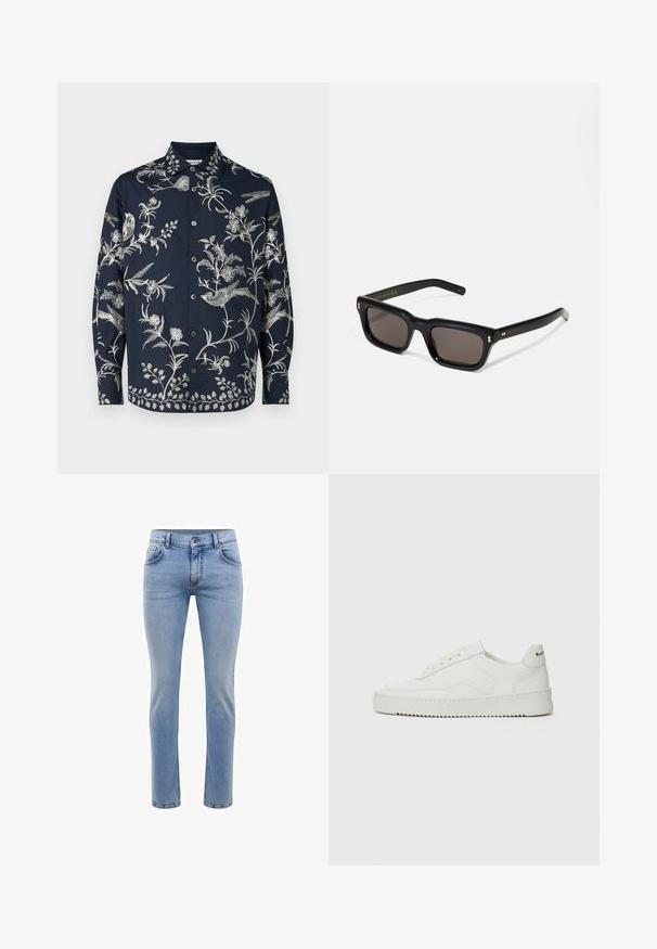 Camisa de botones azul marino con intrincados bordados blancos de flores y pájaros, de mangas largas y con cuello clásico; la tela es suave y ligera.; Jeans de mezclilla azul claro con un corte ajustado, cinco bolsillos y un diseño de pierna recta. Cuenta con una cremallera y trabillas para cinturón. Textura suave.; Zapatilla de cuero blanca con un acabado suave, puntera redonda, cordones planos y suela texturizada. Cuenta con un sutil logo en el talón.; Gafas de sol rectangulares negras con lentes oscuros, marco de plástico grueso, acentos dorados en las patillas y logotipo de la marca grabado en el brazo.