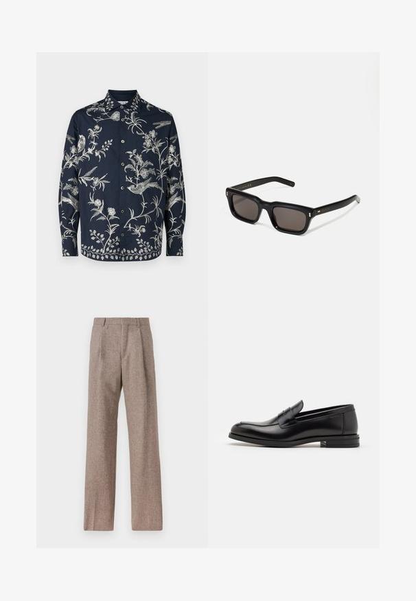 Mornarica košulja dugih rukava s klasičnom kragnom, ukrašena složenim bijelim vezom cvijeća i ptica; tkanina je glatka i lagana.; Smeđe, hlače viskog struka od teksturiranog materijala. Imaju široke nogavice i dva prednja pregiba za strukturu. Uređen završetak bez vidljivih metalnih dijelova.; Crni kožni mokasini s glatkom teksturom, zaobljenim prstima i ukrasnom trakom preko prednjeg dijela. Niski slojeviti potplat, minimalistički dizajn.; Crne pravokutne sunčane naočale s tamnim lećama, debelim plastičnim okvirom, zlatnim akcentima na sljepoočnicama i logotipom marke ugraviranim na dršku.