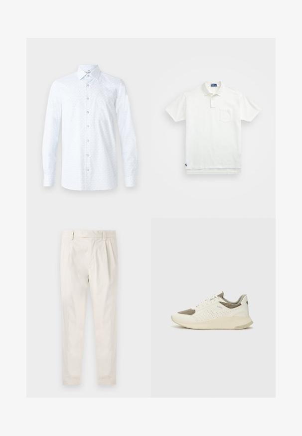 Witte lange mouwen overhemd met een subtiel lichtblauw patroon, klassieke kraag, knoopsluiting aan de voorkant en een gladde stoftextuur.; Witte poloshirt van katoen, met een klassieke kraag, een knoopsluiting met drie knopen en een borstzak aan de linkerkant; klein logo aan de onderrand.; Witte, geplooide broeken met een getailleerde pasvorm, met een gladde textuur, riemlussen en taps toelopende benen. Geen zichtbare zakken of patronen.; Witte en lichtbeige sport sneaker, met een bovenwerk van mesh, geperforeerde details en een gestructureerde tussenzool met branding op de hiel.