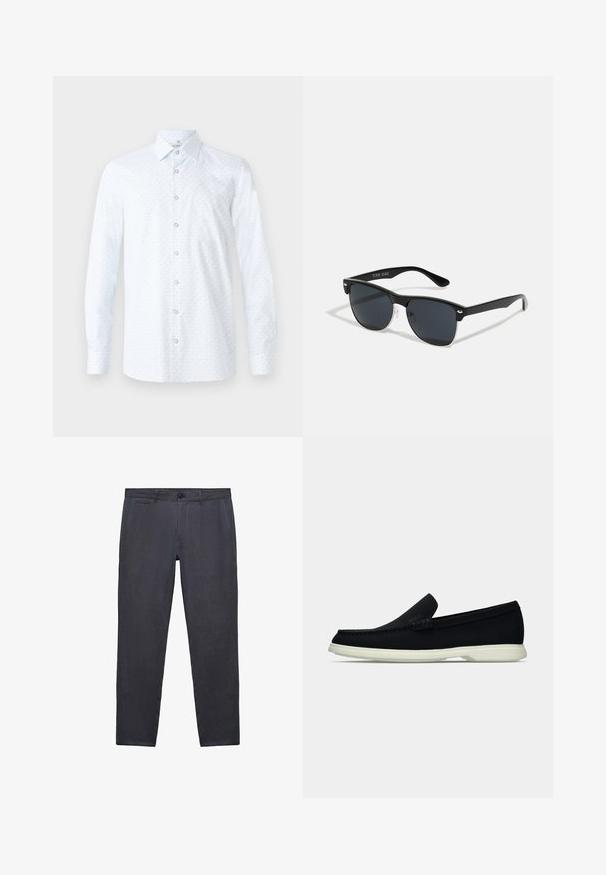 Camicia bianca a maniche lunghe con un sottile motivo azzurro chiaro, colletto classico, chiusura frontale con bottoni e una texture di tessuto liscia.; Pantaloni grigi scuri realizzati in tessuto strutturato, con tasche frontali angolate, chiusura con bottone e design a gamba slim.; Scarpa nera slip-on con punta arrotondata, caratterizzata da una tomaia texture, una suola bianca liscia e un discreto logo sul lato.; Occhiali da sole neri con forma rettangolare, lenti scure, dettagli in argento alle tempie e finitura opaca sulla montatura.