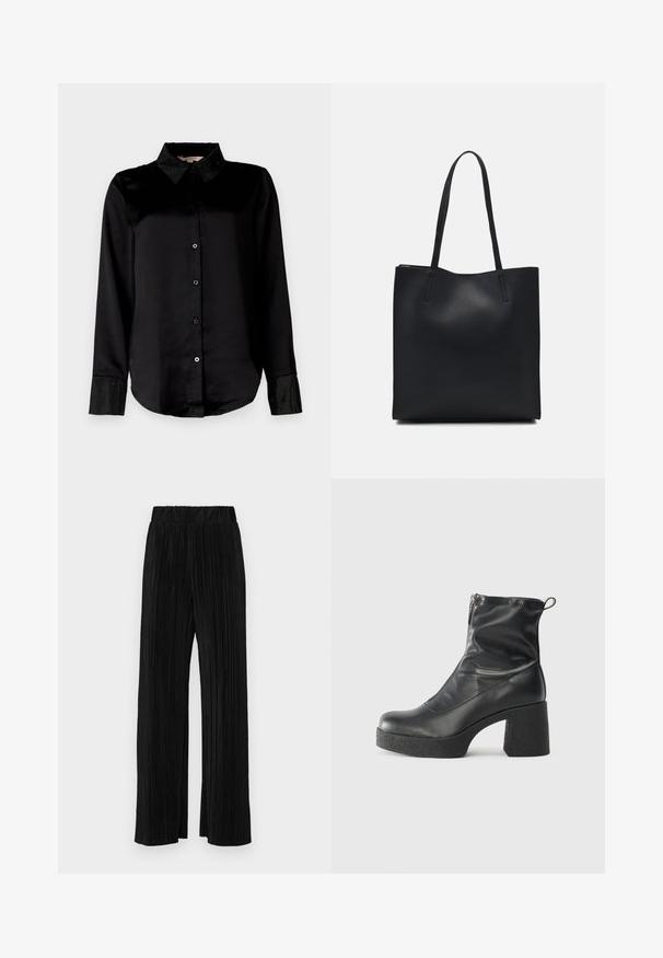 Black long-sleeve shirt with a smooth texture, featuring a sparkling embellished collar and cuffs, and button-down front.; Black pleated trousers with an elastic waistband. Features wide legs and a smooth, textured fabric with vertical stripes.; Black ankle boots made of smooth leather, featuring a side zipper, chunky textured heel, and rounded toe design.; Black leather tote bag with smooth texture, rectangular shape, and two long handles. No visible hardware or embellishments.