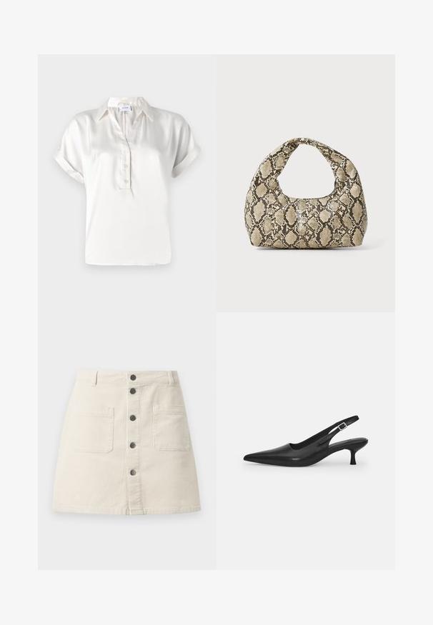 Biely saténový polokošeľový tričko s krátkym rukávom, gombíkovou légiou, štandardným golierom a rollovanými manžetami, s hladkou textúrou a čistými líniami.; Béžová kordová mini sukňa s predným zapínaním na gombík, dvoma veľkými vreckami a pútkami na opasok na páse.; Čierne kožené sandále s úzkym špičatým prstom a štíhlym zakriveným podpätkom. Majú diskrétny nastaviteľný popruh s kovovou sponou.; Kabelka s hadím vzorom a zakriveným rukoväťou. Vyrobená z textúrovaných béžových a hnedých materiálov, s charakteristickým diamantovým vzorom.