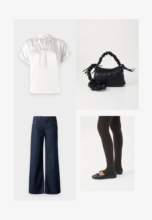 Polo a maniche corte bianco in satin con patta con bottoni, colletto standard e maniche arrotolate, caratterizzato da una texture morbida e linee pulite.; Jeans a gamba larga in denim blu scuro. Presentano cuciture a contrasto, cinque tasche e una chiusura con bottone in vita. Texture morbida.; Scarpe nere a flat con un piccolo fiocco sulla punta, abbinate a collant a coste marrone scuro. Le scarpe hanno una texture liscia e un profilo basso.; Borsa a tracolla in ecopelle nera con texture a coccodrillo, apertura cinchata e tracolla arricciata. Si presenta con un design morbido e compatto.