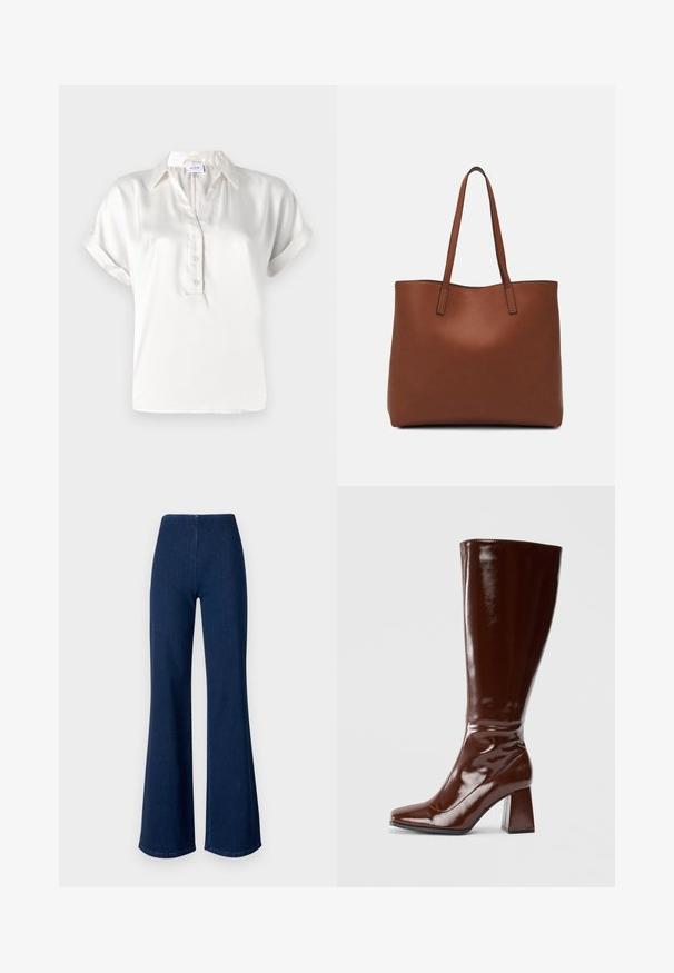 Camisa polo branca de cetim, com mangas curtas, gola clássica e punhos enrolados, apresentando uma textura suave e linhas limpas.; Calças de ganga em azul escuro, com corte flare e uma cinturilla elástica. Apresentam uma textura suave e um design de perna larga que se estende até à bainha.; Botas castanhas de couro envernizado até ao joelho, com biqueira quadrada, acabamento brilhante e um salto robusto para maior estabilidade. Design sem costuras, sem hardware visível.; Bolsa tote de couro castanho com uma textura suave, design de abertura superior e duas alças para o ombro. Apresenta costura mínima e sem hardware visível.