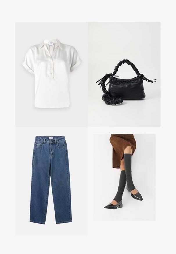 Bijela satenska polo majica kratkih rukava s gumbima, standardnim ovratnikom i zavrnutim rukavima, koja se ističe glatkom teksturom i čistim linijama.; Klasične plave traperice s ravnim nogavicama, pet džepova i dugmadom za zatvaranje. Imaju srednje pranje i čvrstu teksturu.; Crne lakirane cipele s šiljastim prstima, blok-petom i remenom oko gležnja, uparene s sivim rebrastim čarapama do koljena i smešnom suknjom od antilopa.; Crna torba od umjetne kože s teksturom krokodila, s cinčanim vrhom i naboranom trakom. Izgleda mekano i kompaktno u dizajnu.