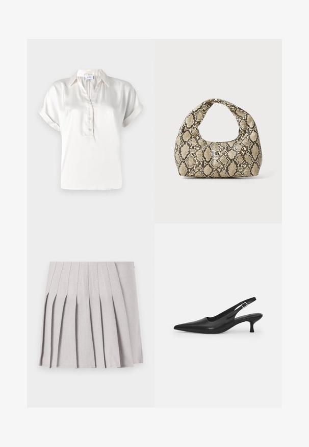 Fehér selyem rövid ujjú pólóing gombos nyakkivágással, standard gallérral és felgöngyölt mandzsettával, sima felülettel és letisztult vonalakkal.; Szürke pliszírozott szoknya sima textúrával, több függőleges redővel és testre simuló derékkal. Könnyű anyagból készült.; Fekete bőr szandálcipő hegyes orral és karcsú, ívelt sarokkal. Diszkrét, állítható pánttal rendelkezik, fém csattal.; Kígyómintás kézitáska ívelt fogantyúval. Texturált, bézs és barna anyagból készült, jellegzetes gyémántmintával.