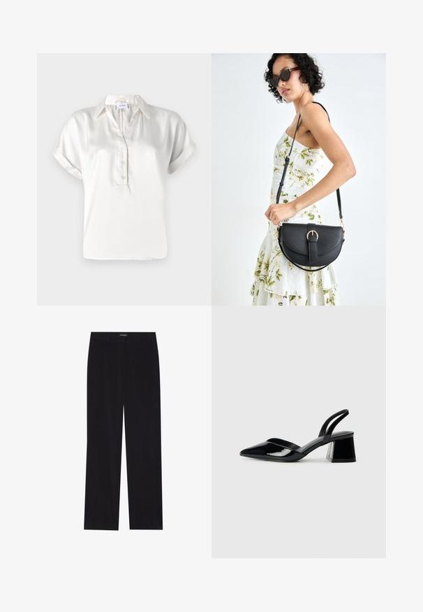 Hvid satin kortærmet polo shirt med knaplukning, standard krave og optrukne ærmer, der har en glat tekstur og rene linjer.; Sorte fløjl bukser med lige snit, der har en flad talje og ingen synlige lommer, glat tekstur og lodrette ribbede detaljer.; Sorte patentlæder slingback hæle med spids tå og en geometrisk blok hæl. Har et elegant, minimalistisk design og en glat tekstur.; Sort læderhåndtaske med en buet form, aftagelig rem og guldfinish. Tasken har en klap med en spænde detalje.