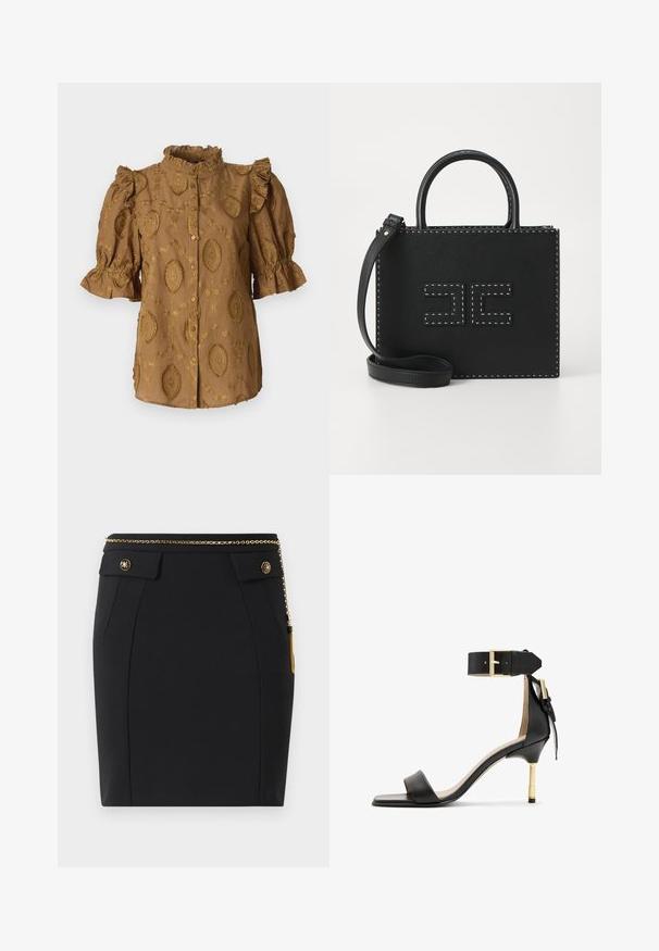 Blusa marrone con maniche a sbuffo, colletto arricciato e motivi floreali in rilievo. Chiusura frontale con bottoni; tessuto morbido e strutturato.; Gonna nera aderente con tasche a pattina frontali, bottoni decorativi dorati e una sottile cintura dorata con nappina sul lato destro.; Sandal con tacco in pelle nera, punta quadrata, cinturino alla caviglia con fibbia dorata e tacco metallico slanciato. Texture liscia, design minimalista.; Elisabetta Franchi WOMEN'S BAG - Borsa a mano - nero