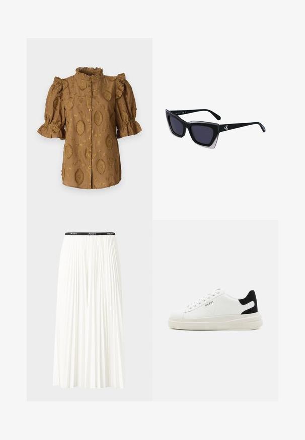 Hnedá blúzka s nafúknutými rukávmi, riaseným golierom a embosovanými kvetinovými vzormi. Predné zapínanie na gombíky; mäkká tkanina s textúrou.; Plisovaná biela sukňa s čiernym elastickým pásom s logom "LACOSTE". Sukňa je stredne dlhá a má mäkkú textúru.; Biele kožené tenisky s hrubou bielou podrážkou, čiernym zamekom na päte a vyrazeným logom na boku. Šnurovací dizajn so šiestimi očkami.; Čierne oversized slnečné okuliare s geometrickým tvarom, s tmavými šošovkami a kontrastným šedým detailom na ráme. Logo na mostíku.