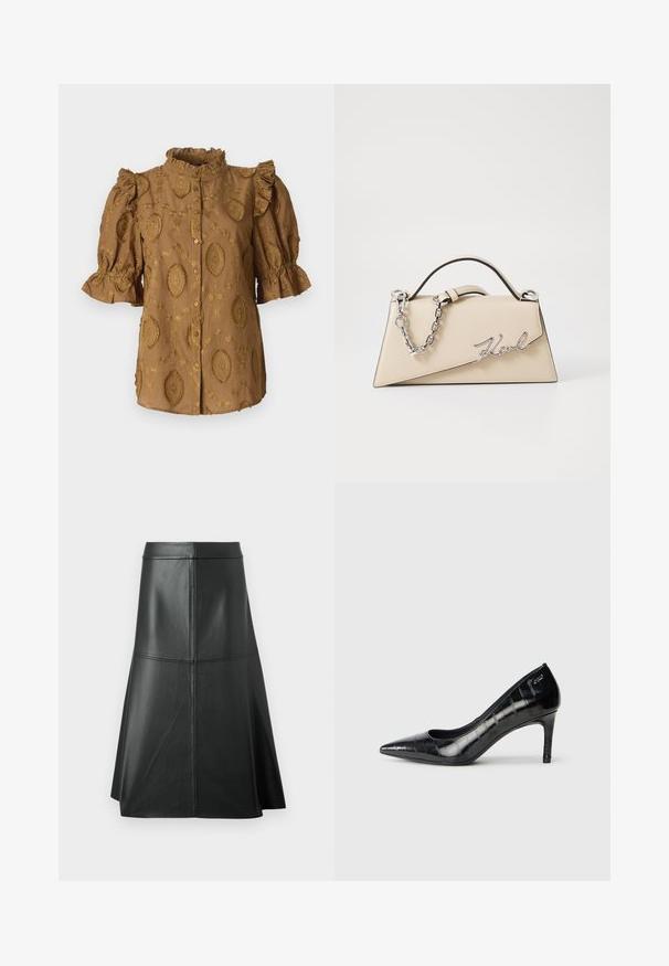 Blusa marrone con maniche a sbuffo, colletto arricciato e motivi floreali in rilievo. Chiusura frontale con bottoni; tessuto morbido e strutturato.; Gonna nera in pelle a forma A, texture liscia, lunghezza a metà polpaccio, presenta dettagli di cucitura orizzontale in vita e nelle cuciture per un maggiore supporto.; Décolleté nere con punta affusolata, finitura lucida e un sottile motivo testurizzato. Presentano un tacco moderato e un design con apertura sulla parte superiore.; Borsa a mano in pelle beige con una forma triangolare strutturata, dotata di un manico in catena argentata e di un logo in metallo scritto in corsivo.