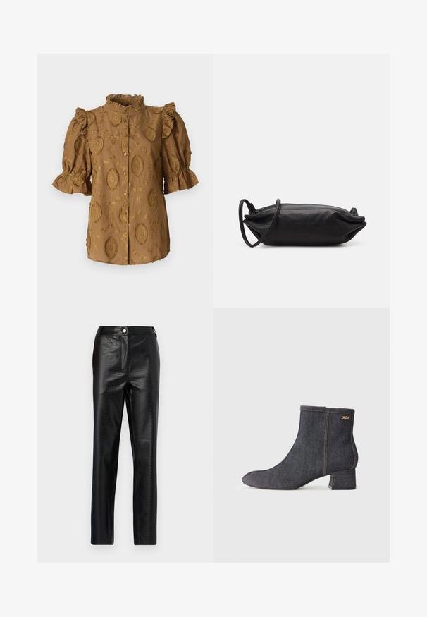 Smeđi bluzon s nabranim rukavima, volanom oko vrata i otisnutim cvjetnim uzorcima. Prednje dugme za zatvaranje; mekana, teksturirana tkanina.; Crne hlače od umjetne kože s uzorkom krokodila, uskog kroja, ravnih nogavica, s prednjim kopčanjem na gumb i standardnim pojasom.; Tamni traperi čizmi do članaka s šiljatim vrhom, blok-petom, vidljivim šavovima i suptilnim logotipom s strane. Glatka tekstura.; Crna kožna torbica za večernje izlaske pravokutnog oblika, glatke teksture, s tankim remenom za rameno i minimalističkim dizajnom.