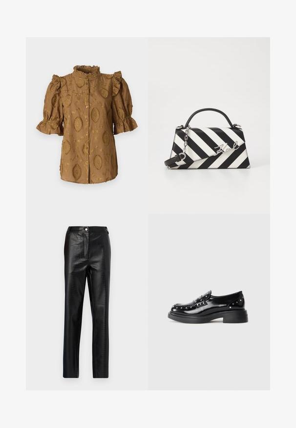 Brun bluse med puffærmer, volangkrave og prægede blomsterdesigns. Frontlukning med knapper; blødt, struktureret stof.; Sorte faux læderbukser med krokodillemønster, slim fit, lige ben design, med frontknaplukning og standard taljebånd.; Sorte patentlæder loafers med dekorative sølvstuds, rund tå, lav blokhæl og glat, skinnende tekstur.; Sort-hvid stribet håndtaske med en struktureret form, der har et håndtag på toppen, en aftagelig kædestrop og et metallisk logo som accent.