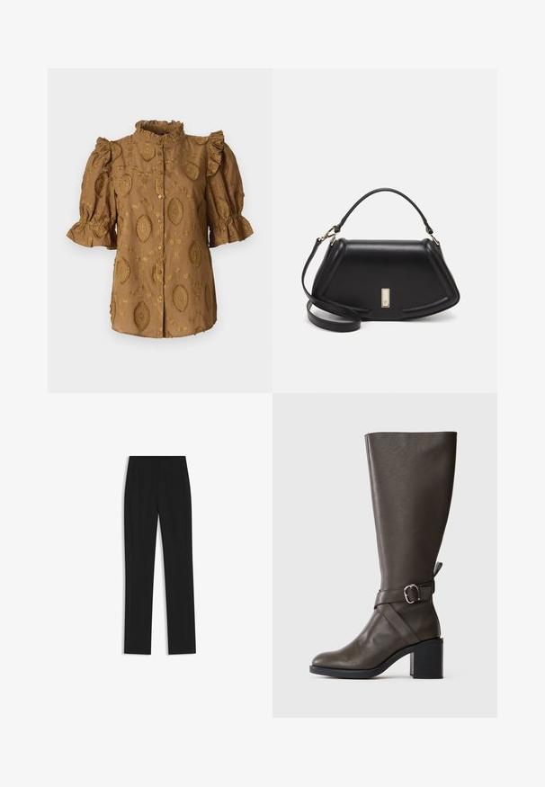 Brown blouse featuring puff sleeves, ruffled collar, and embossed floral patterns. Front button closure; soft, textured fabric.; Black tailored trousers with a straight-leg design, featuring front pockets and a smooth, textured fabric. Neat, minimal detailing.; Dark brown knee-high leather boot with a medium block heel and a decorative strap with silver buckle around the ankle.; Black leather handbag with a structured design, featuring a cropped shape, top handle, and gold hardware accent. Adjustable shoulder strap included.