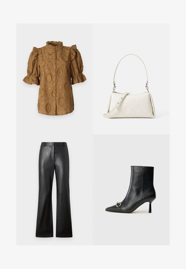 Blusa marrone con maniche a sbuffo, colletto arricciato e motivi floreali in rilievo. Chiusura frontale con bottoni; tessuto morbido e strutturato.; Pantaloni in pelle nera con una texture liscia, design a gamba larga e vita media dotata di passanti per la cintura e tasche anteriori.; Stivale alla caviglia in pelle nera con punta affusolata, tacco sottile di media altezza e dettaglio in fibbia argentata sul lato, su sfondo semplice.; Borsa bianca con texture liscia, silhouette curva e tracolla regolabile. Presenta un sottile motivo con logo e accenti in metallo argentato.
