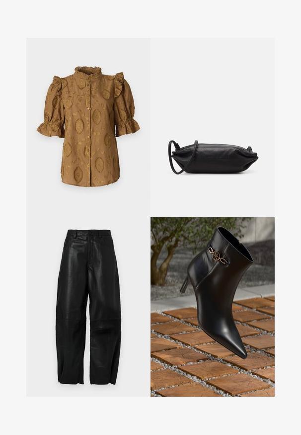 Bruine blouse met pofmouwen, gerimpelde kraag en reliëf bloemenpatronen. Voorzien van knoopsluiting; zacht, textuurstof.; Zwarte leren broek met een ruime pasvorm, voorzien van een rechte pijpdesign, voorzakken en zichtbare stikdetails.; Zwarte leren enkellaars met spitse neus en een kleine hak. Bevat een gouden kettingaccent bij de enkel. Omringd door een gestructureerd stenen oppervlak.; Zwarte leren clutch met een rechthoekige vorm, gladde textuur, dunne schouderband en minimalistisch ontwerp.