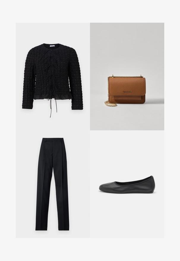Hofmann Copenhagen MAVI - Bluse - black; Svarte bukser laget av glatt stoff, med høy midje, vide ben, frontfolder og klassiske beltehemper. Ingen synlige sidelommer.; Svart skinnballettflatt med rund tå, glatt tekstur, minimal sømdetalj, og et fleksibelt såledesign.; Brun teksturert lær crossover-veske med gullkjede-stropp og klaffelukking. Fronten har logo-detalj og en lomme under klaffen.