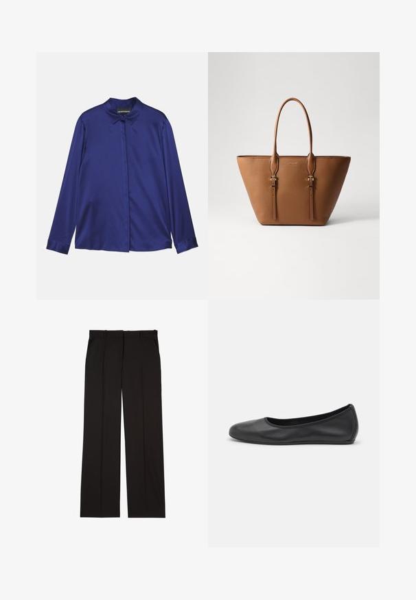 Emporio Armani Button-down blouse - indigo; Black tailored trousers made of a smooth fabric, featuring a straight-leg design, and two side pockets. Elegant and minimalistic construction.; Black leather ballet flat with a rounded toe, smooth texture, minimal stitching detail, and a flexible sole design.; Brown leather tote bag with textured surface, tapered shape, two sturdy handles, and decorative gold-tone hardware accents.
