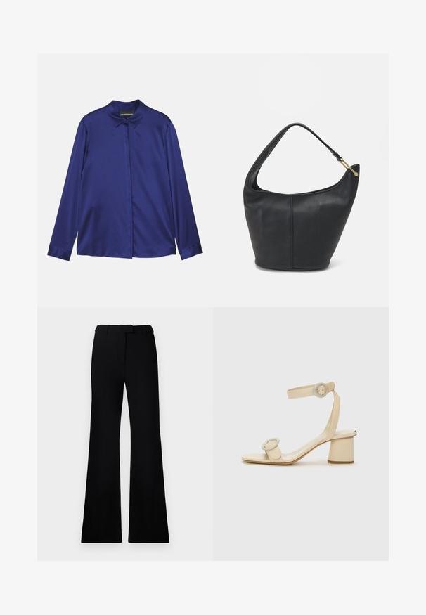 Emporio Armani Button-down blouse - indigo; Black flared pants featuring a smooth texture, tailored waistband, and front pockets, designed with a sleek, modern silhouette.; Beige high-heeled sandals with a minimalist design, featuring two circular accents and a chunky heel. Made from smooth leather.; Black leather handbag with a rounded shape, a wide strap, and a textured finish. Features a subtle seam detail and a gold-tone hardware accent.