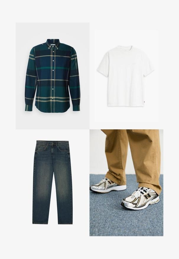 Zeleno-námorníková kostičkovaná košile s dlouhým rukávem, s límcem, bílými knoflíky a malým vyšitým logem na hrudi.; Bílé bavlněné tričko s krátkými rukávy, kulatým výstřihem a jemným logem "Levi's" tištěným světle barvou na přední straně.; Tmavě modré džíny s rovnýmm střihem, designem pěti kapes a mírně vybledlou texturou na nohavicích. Vhodné na volný čas.; Bílé a stříbrné tenisky New Balance s černými akcenty a tkaničkami, s prodyšným svrškem, polstrovanou podrážkou a dynamickým designem.