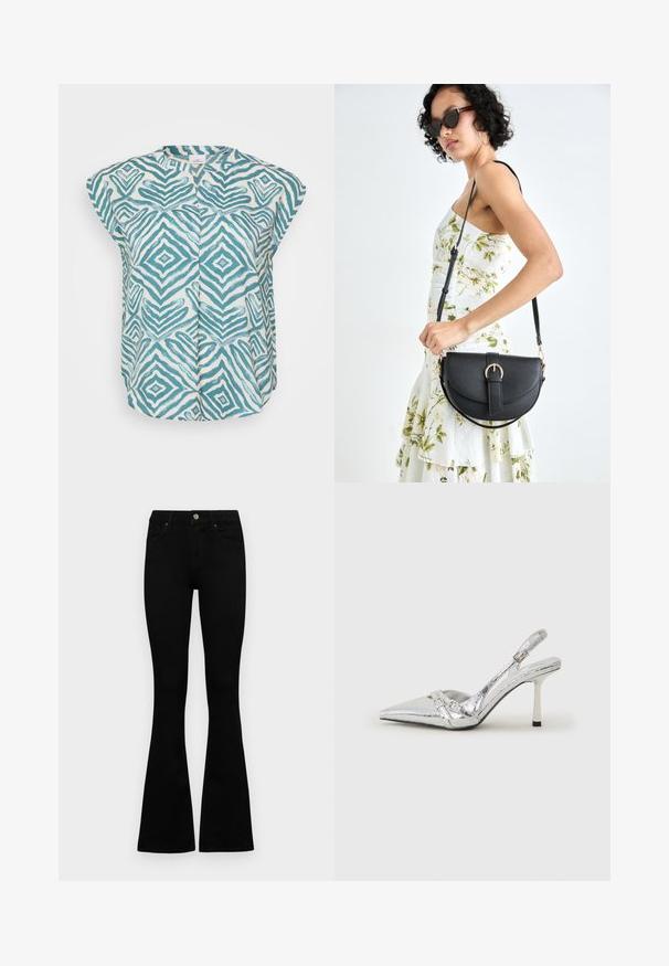Sleeveless shirt in light cream with teal geometric patterns, featuring a round neck and pleats down the front for added texture.; Black flared jeans made of denim. Features a button closure, five pockets, and a smooth texture. The flared leg starts below the knee.; Silver slingback high heel shoe with a pointed toe, metallic finish, two decorative straps, and a slender heel with a black tip.; Black leather handbag with a curved shape, detachable strap, and gold hardware. The bag features a flap with a buckle detail.