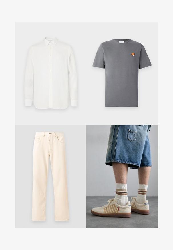 Camicia bianca a maniche lunghe realizzata in tessuto leggero, con colletto classico, chiusura a bottoni e orlo dritto. Texture morbida.; T-shirt grigio in cotone con un piccolo ricamo di testa di volpe arancione sopra il lato sinistro del petto. Collo a giro, maniche corte e vestibilità classica.; Jeans in denim beige chiaro con un design a gamba dritta, cinque tasche e chiusura anteriore con bottone. Cuciture visibili lungo le cuciture.; Sneaker retro beige con suola in gomma marrone, dotate di dettagli a righe e loghi ricamati. Indossate con calze bianche e dettagli marroni a righe.