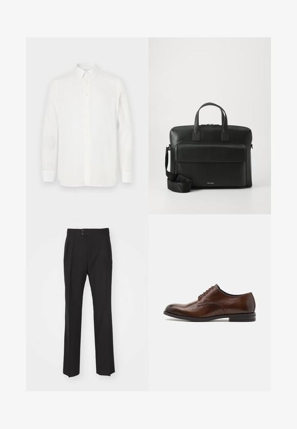 Biała koszula z długimi rękawami wykonana z lekkiego materiału, z klasycznym kołnierzykiem, zapięciem na guziki i prostym wykończeniem dołu. Gładka tekstura.; Czarne spodnie z dopasowanym krojem, charakteryzujące się prostymi nogawkami, dwoma kieszeniami z przodu oraz podwójnym zapięciem na guziki w talii. Gładka faktura materiału.; Brązowe skórzane buty do garnituru o eleganckim designie, okrągłym nosku i pięciu oczkach do sznurowania. Gładka faktura, minimalne oznakowanie na pięcie.; Czarna skórzana teczka z podwójnymi rączkami u góry, przednią kieszenią oraz odpinanym paskiem, z delikatnym logo na dole.