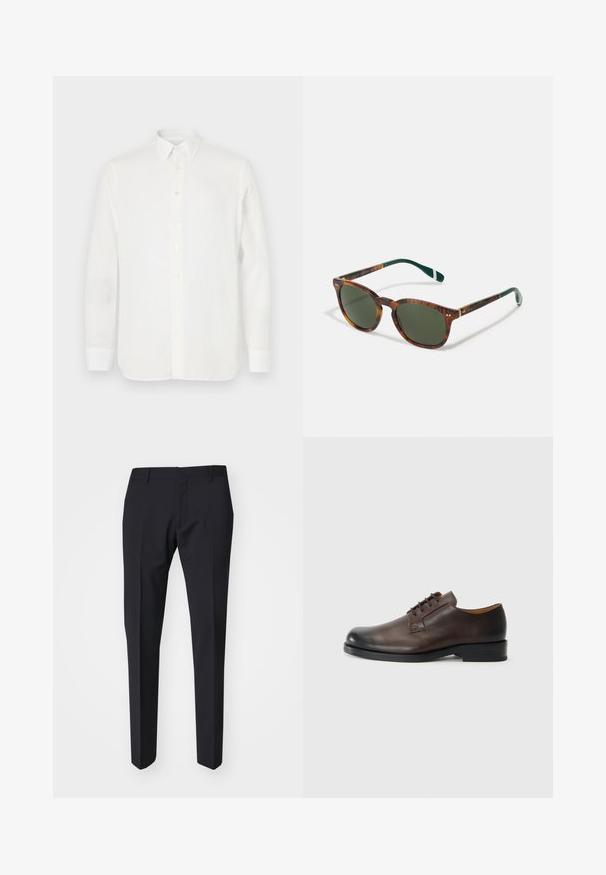 Balti ilgi rankoviai marškiniai, pagaminti iš lengvos medžiagos, su klasikinėmis apykaklėmis, mygtukų uždarymu ir tiesiu apdaila. Lygus tekstūra.; Tamsiai mėlyni aptempti kelnių. Pagaminti iš lygaus, tekstūruoto audinio, su plokščiu priekiu, diržo kilpomis ir šoninėmis kišenėmis.; Rudi odiniai batai su apvalia nosimi, žemu kulnu, šnerviniu dizainu ir lygiu paviršiumi. Pasižymi minimaliais siūlių akcentais ir blizgiu apdailos efektu.; Vėžlio kiauto akiniai nuo saulės su žaliais lęšiais, apvalios formos, aukso akcentais ir tamsiai žaliais rankenomis su balta juostele.