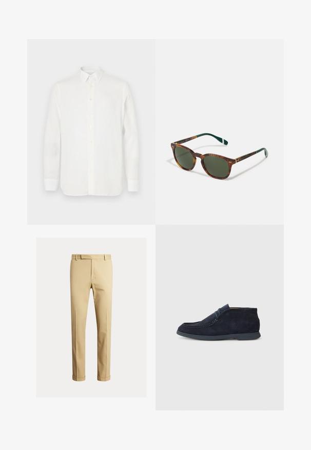 Camicia bianca a maniche lunghe realizzata in tessuto leggero, con colletto classico, chiusura a bottoni e orlo dritto. Texture morbida.; Chino kaki realizzati in morbido cotone, con un design aderente, pinces frontali e orli alla caviglia per un look affusolato.; Stivaletto chukka in suede blu navy con punta arrotondata e dettagli cuciti. Presenta una suola in gomma liscia e un design minimalista senza marchi visibili.; Occhiali da sole tartarugati con lenti verdi, forma rotonda, dettagli dorati e aste verde scuro con una striscia bianca.
