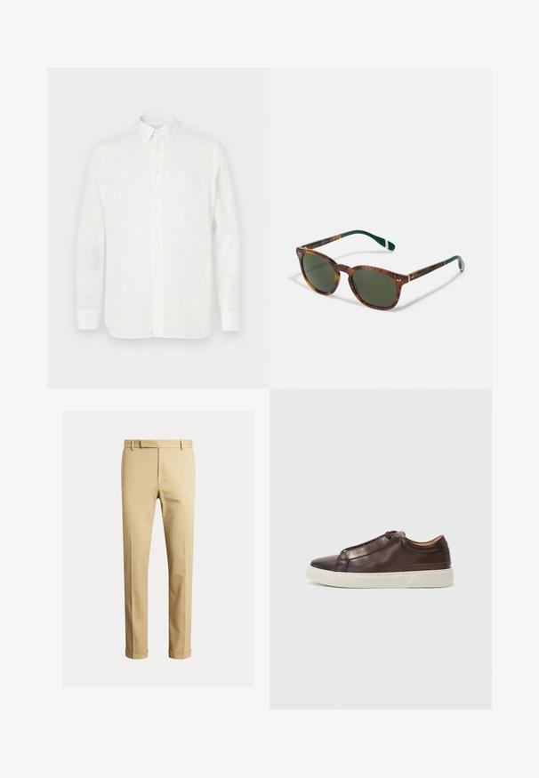 Cămașă albă cu mânecă lungă, realizată dintr-un material ușor, cu guler clasic, închidere cu nasturi și tiv drept. Textură netedă.; Chino khaki dintr-un material de bumbac fin, cu un design ajustat, plisseuri frontale și manșete la glezne pentru un aspect îngustat.; Sneaker din piele maro cu vârf rotund, talpă din cauciuc alb contrastant, detalii cusute și fără șireturi vizibile. Textură netedă în general.; Ochelari de soare cu model țestoasă, cu lentile verzi, formă rotundă, accente aurii și brațe verde închis cu o dungă albă.