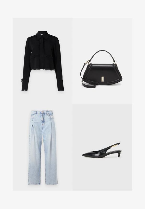 Zwarte cropped jas met franje, lange mouwen, een puntige kraag en een knoopsluiting in een gladde, lichte stof.; Lichtblauwe denim jeans met een hoge taille, wijde pijpen, twee zijzakken en geplooid ontwerp. Zachte textuur met een vervaagd uiterlijk.; Zwarte leren slingback hakken met een spitse neus, voorzien van een slanke hak en een goudkleurige accent op de verstelbare band. Gladde textuur.; Zwarte leren handtas met een gestructureerd ontwerp, featuring een verkorte vorm, bovenhandvat en gouden hardwareaccent. Inclusief verstelbare schouderband.