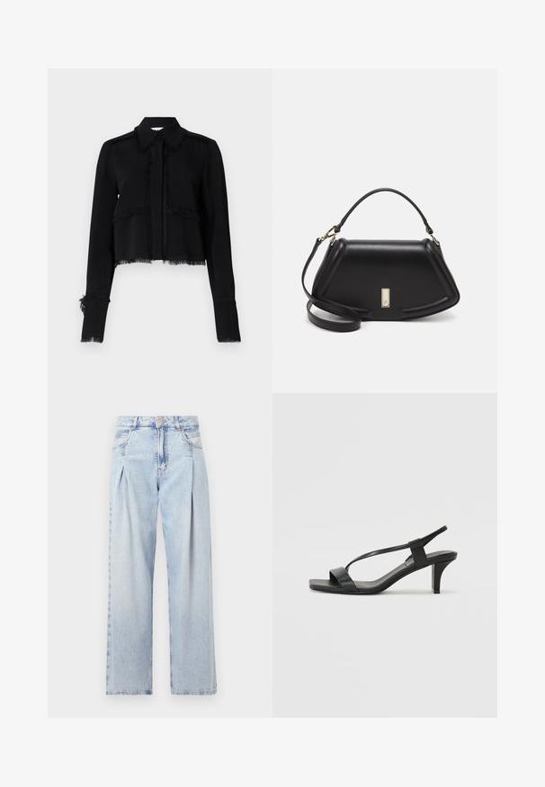 Schwarze, kurz geschnittene Jacke mit fransigen Kanten, langen Ärmeln, spitzem Kragen und Knopfverschluss aus einem glatten, leichten Stoff.; Helle blaue Denim-Jeans mit hoher Taille, weitem Beinschnitt, zwei seitlichen Taschen und gefaltetem Design. Weiche Textur mit einem ausgebleichten Finish.; Schwarze Absatzsandalen mit einem schlanken Riemendesign, quadratischer Zehenpartie und einem Blockabsatz mittlerer Höhe. Hergestellt aus glattem Leder mit matter Oberfläche.; Schwarze Lederhandtasche mit einem strukturierten Design, das eine verkürzte Form, einen oberen Griff und goldfarbene Hardware-Details aufweist. Verstellbarer Schulterriemen ist enthalten.
