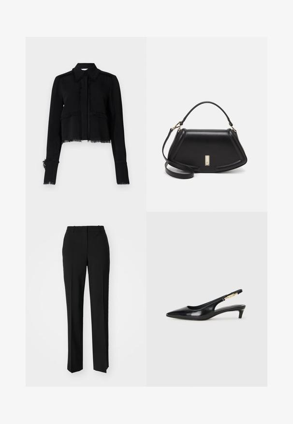 Black cropped jacket featuring frayed edges, long sleeves, a pointed collar, and a button closure in a smooth, lightweight fabric.; Black tailored trousers with a straight-leg design, featuring a smooth texture and crisp creases along the front. No visible hardware.; Black leather slingback heels with a pointed toe, featuring a slim heel and a gold-tone accent on the adjustable strap. Smooth texture.; Black leather handbag with a structured design, featuring a cropped shape, top handle, and gold hardware accent. Adjustable shoulder strap included.