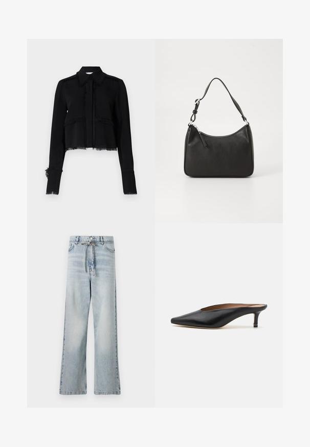 Black cropped jacket featuring frayed edges, long sleeves, a pointed collar, and a button closure in a smooth, lightweight fabric.; Light blue wide-leg jeans made of denim, featuring a high waist, front pockets, and a drawstring detail at the waist. Distressed texture.; Black leather mules with a pointed toe and low, block heel. Smooth texture with a sleek design. Open back with minimal detailing.; Black leather handbag with a curved shape, a single strap, zip closure, and subtle branding on the front. Smooth texture, minimalist design.