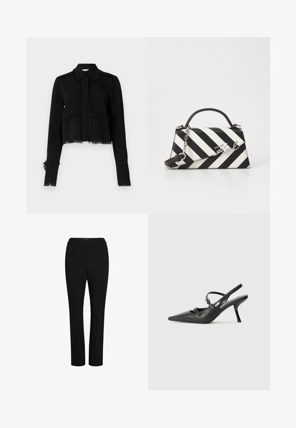 Must mustus jakk, millel on narmendavad servad, pikad varrukad, terav krae ja nööpidega kinnitamine, valmistatud siledast ja kergest kangast.; Mustad mustad püksid, mis on valmistatud siledast kangast. Omab sirget jala siluetti, lapikut esiosa ja õmblustega detaili külgedel.; Must musta slingback kontsad, terava nina, peenike konts ja dekoratiivne pandla detail peal. Sile tekstuur ja stiilne disain.; Mustriga musta ja valgega käekott, millel on struktureeritud kuju, pehme käepide, eemaldatav ahelriba ja metallist logo aktsent.